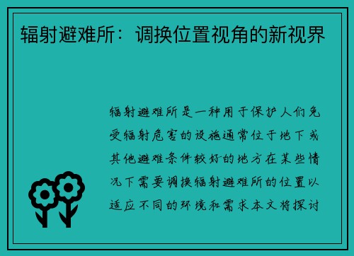 辐射避难所：调换位置视角的新视界